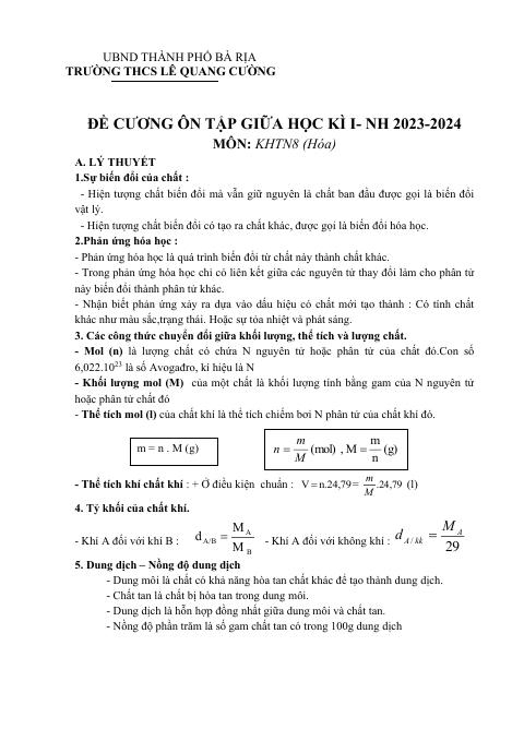 Đề cương ôn tập Giữa kì 1 KHTN 8 năm 2023–2024 trường THCS Lê Quang Cường (Bà Rịa Vũng Tàu)